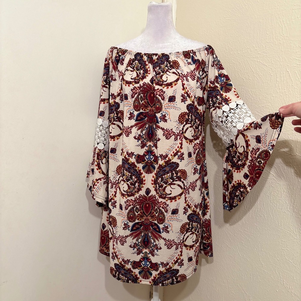 Red Paisley Off Shoulder Bell Sleeve Crochet Lace Tunic Dress Hippie Boho XL